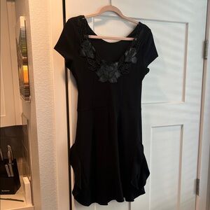 Black Floral Appliqué Scoop Neck Mini Dress